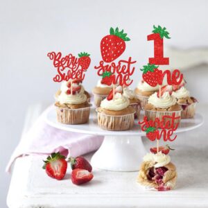 30 PCS Strawberry Sweet One Cupcake Toppers Glitter Berry Sweet 1st Birthday Strawberry Cupcake Picks for Fruit Theme Baby Shower Kids First Birthday Party Cake Decorations Supplies Red