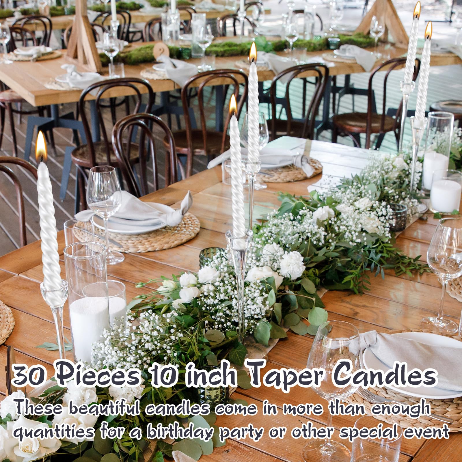 MTLEE 30 Pieces 10 Inch Metallic Taper Candles Spiral Candle Dripless Long Candle Sticks 8 Hrs Clean Burning Unscented Tapered Candles Glossy Metal Like Candlesticks for Wedding Dinn(Pearl White)