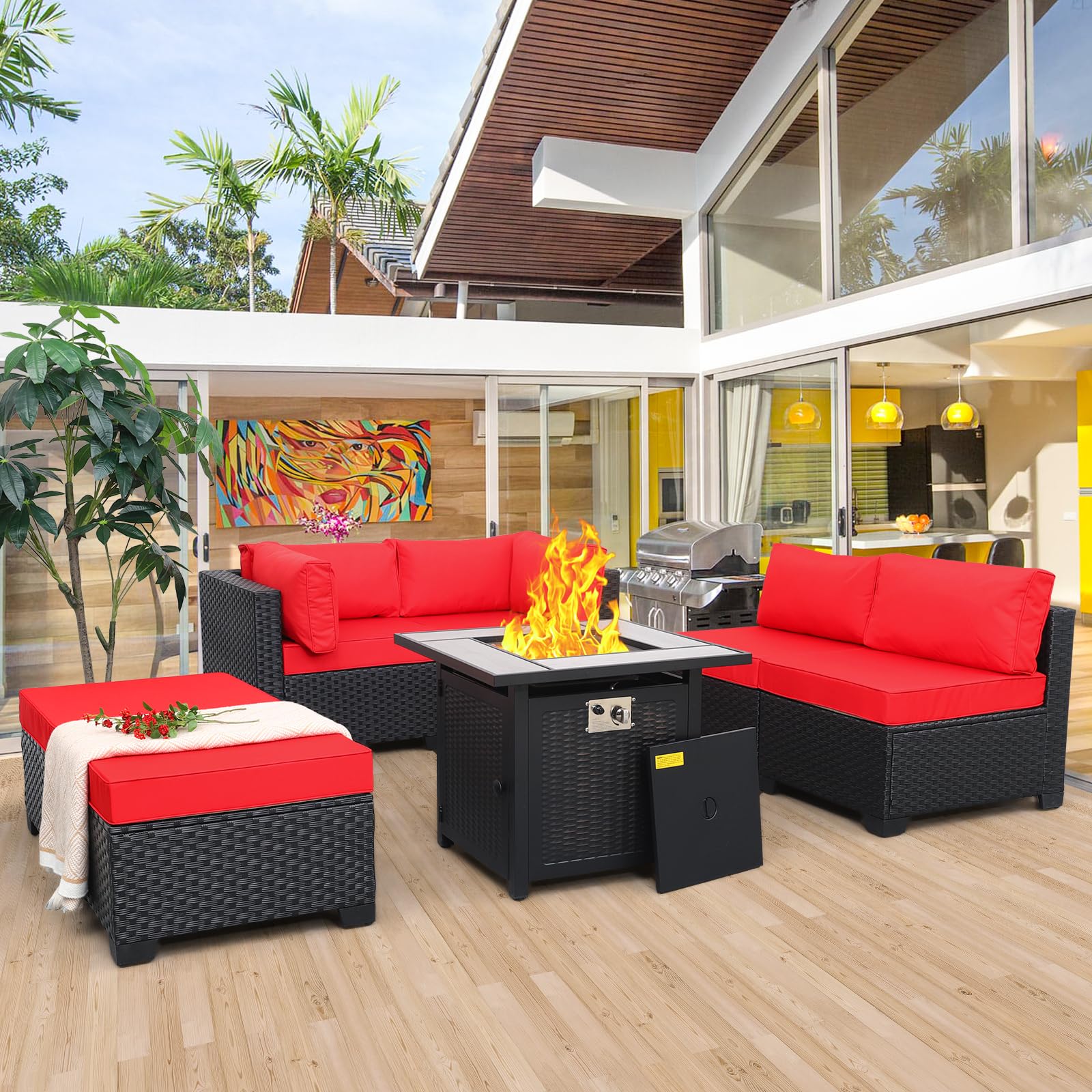 Lviden 7 Pieces Outdoor Patio Furniture Set, Black Wicker Sectional Couch, PE Rattan Conversation Sofa Set with Red Cushions and 5000 BTU Fire Pit Table