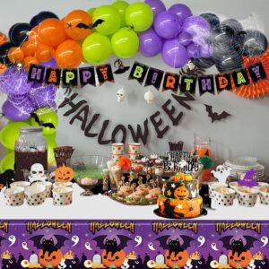 Fiesec Halloween Birthday Party Decorations, Halloween Themed Birthday Party Decorations Backdrop Happy Birthday Banner Balloon Garland Tablecloth Cake Topper Spider Ghost Purple Black Orange