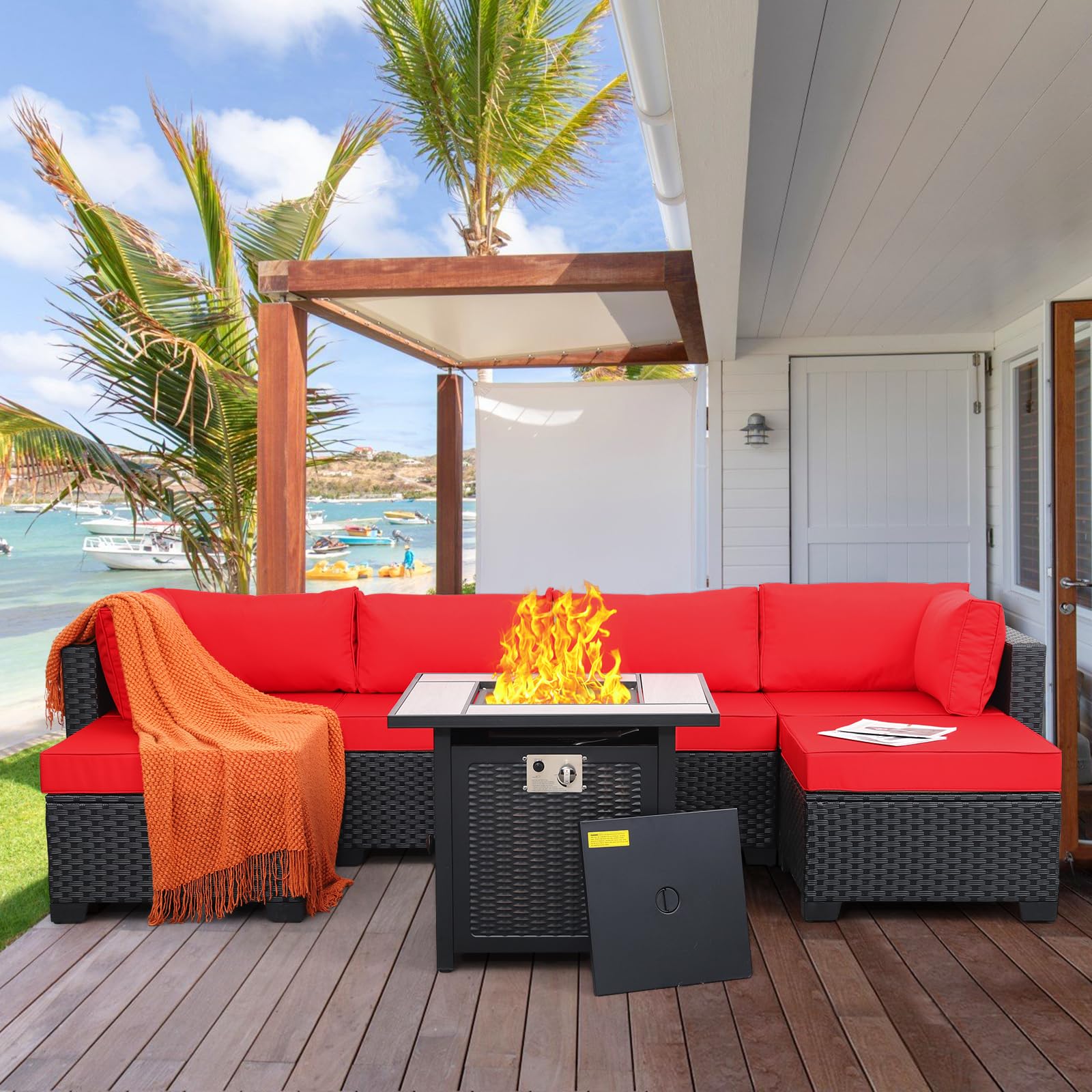 Lviden 7 Pieces Outdoor Patio Furniture Set, Black Wicker Sectional Couch, PE Rattan Conversation Sofa Set with Red Cushions and 5000 BTU Fire Pit Table