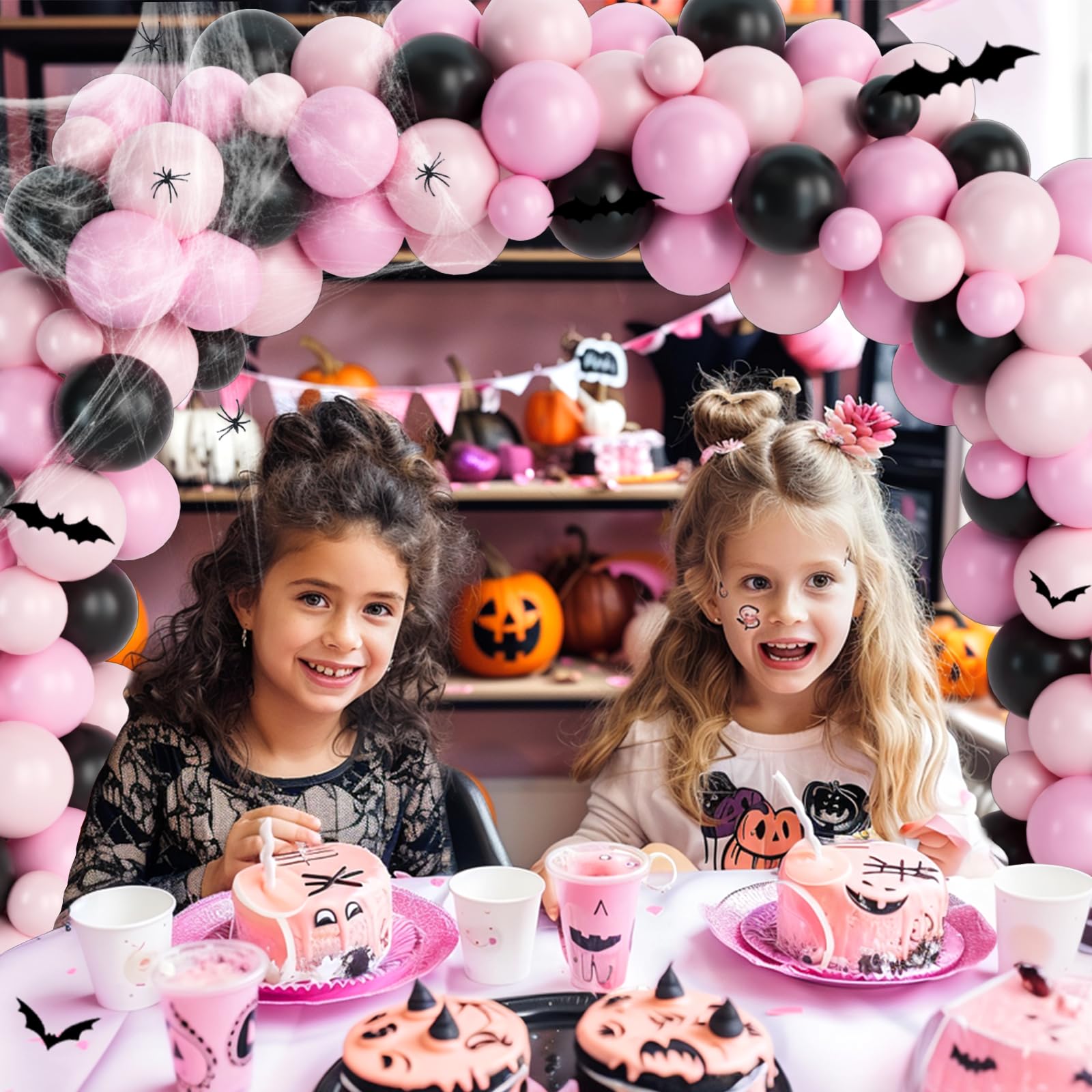 135 PCs Happy Boo Day Party Decorations, Fiesec Halloween Themed Pink and Black Birthday Party Decorations Backdrop Balloon Garland Spider Web Banner Tablecloth Cake Topper Little Ghost