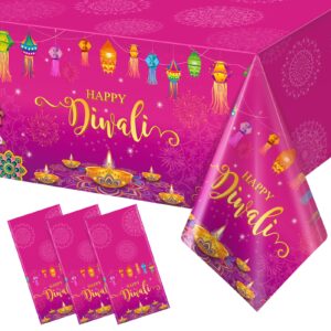 3 pack happy diwali disposable tablecloth, festival of lights plastic table cover for rectangle tables, diwali table cloth for indian diwali light celebration party supplies decorations, 54×108 inch