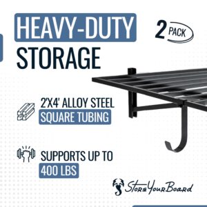 StoreYourBoard 2 Pack Heavy Duty Garage Wall Shelves, 2' x 4' Wall Mount Storage Shelf with Hooks, Holds 200 lbs Each