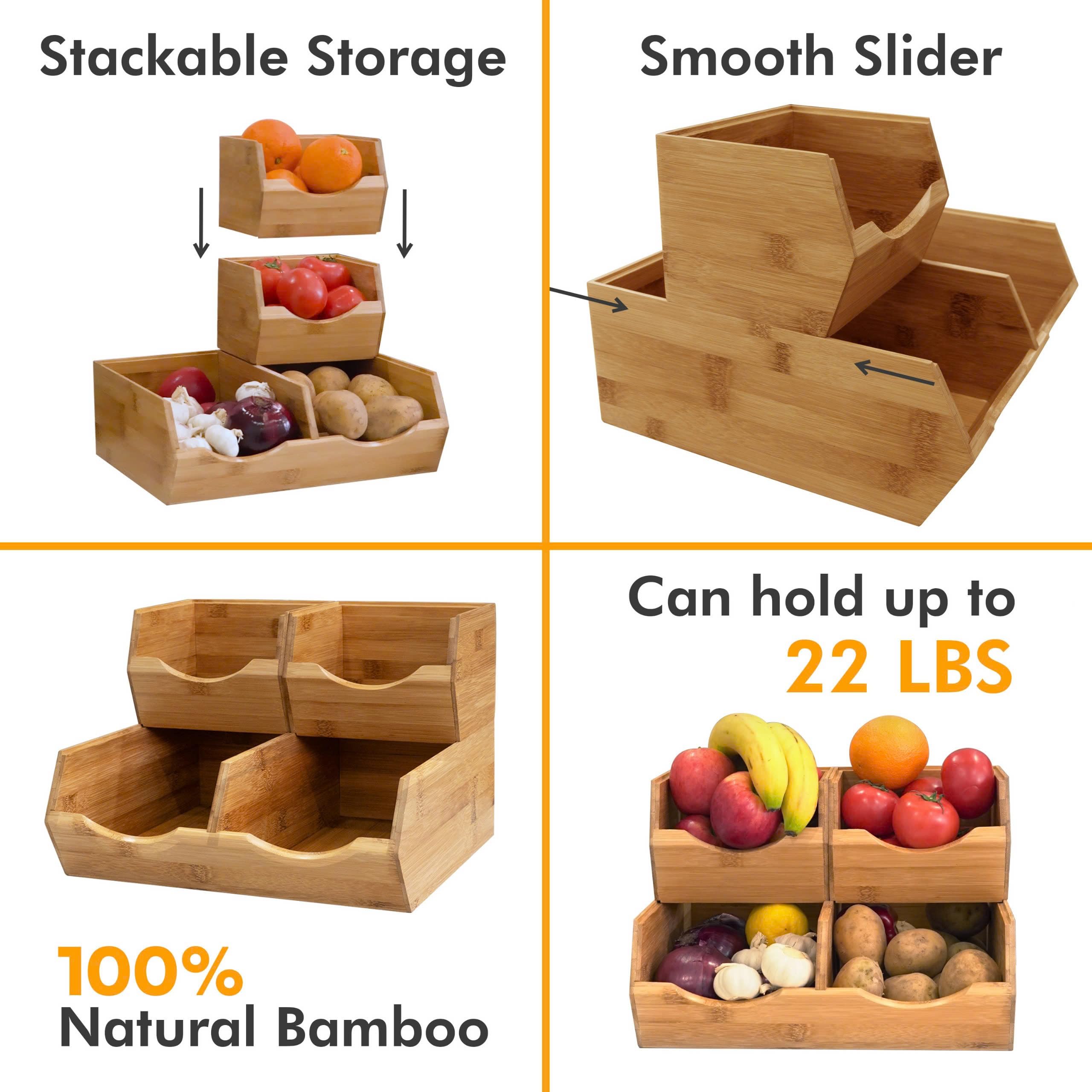 HOMESTEAD Bamboo Pantry Storage Bins - Stackable Baskets , Potato and Onion Storage, Wood Storage Bins for Pantry Baskets Organization and Storage, Set 3 Pieces