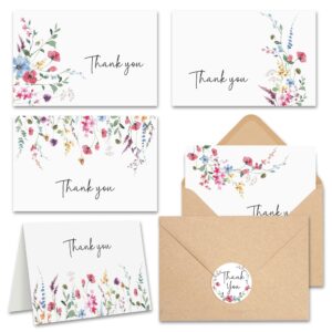 floral thank you cards with envelopes (bulk 20-4x6) - thank you notes with envelopes set - wildflower thank you cards with envelope and stickers - for birthday, wedding, bridal showers, baby showers