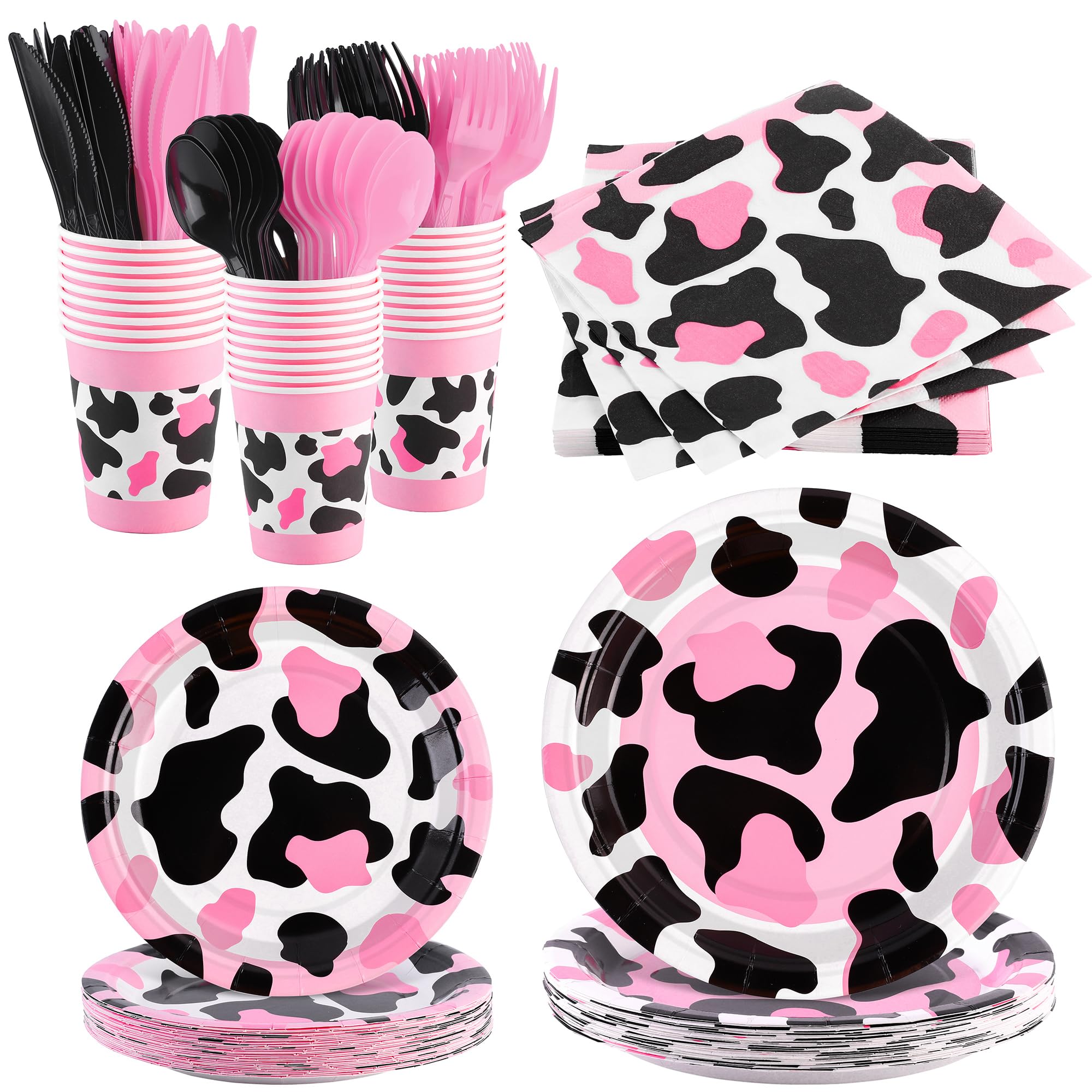 durony 210 Pieces Pink Cow Print Tableware Set Pink Cow Print Party Decorations Paper Plates Cups Napkins Knife Spoons Forks for Cowgirl, Baby Shower, Farm Birthday Party Supplies, Serve 30 Guests