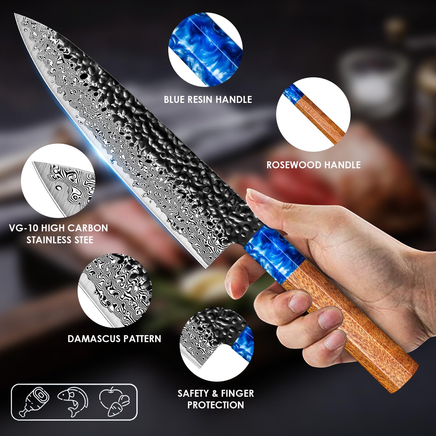 Chef Knife 8 Inch Damascus Kitchen Knife, Japanese VG10 Damascus Steel Meat Cooking Knife, Gyuto Chefs Knife G10 Ergonomic Color Wooden Handle with Luxury Gift Box