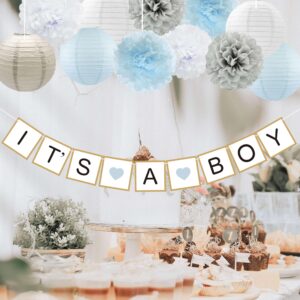 Baby Shower Decorations Boy (Blue, White, Grey)- It's A Boy Banner, Tissue Paper Poms, Paper Lanterns and Tassels Garland- Baby Boy Gender Reveal Birthday Party Decorations