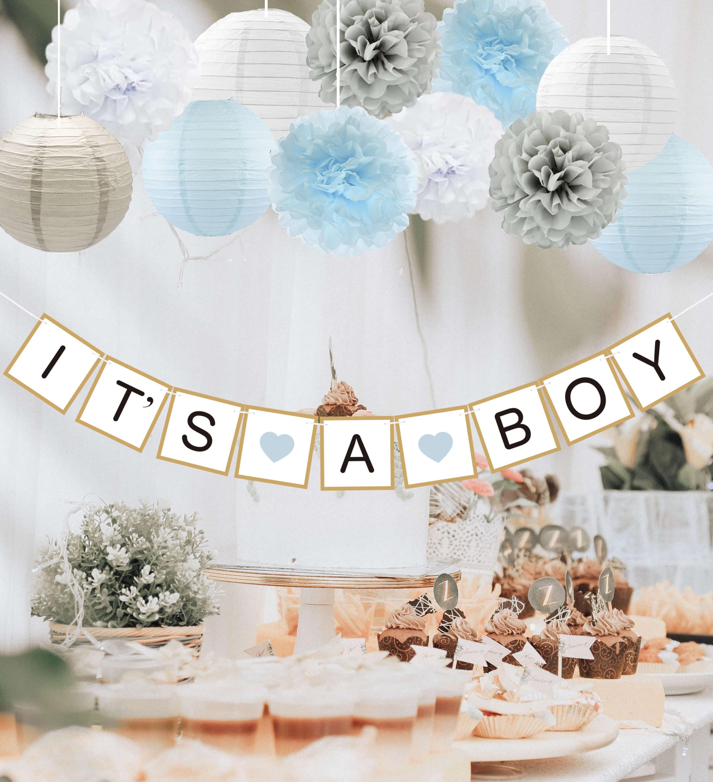 Baby Shower Decorations Boy (Blue, White, Grey)- It's A Boy Banner, Tissue Paper Poms, Paper Lanterns and Tassels Garland- Baby Boy Gender Reveal Birthday Party Decorations