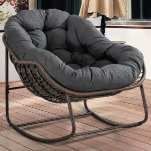 homefun outdoor patio rocking chairs, oversized papasan rocking chair indoor with padded cushion - rocker egg chair for front porch, garden, patio, backyard gray