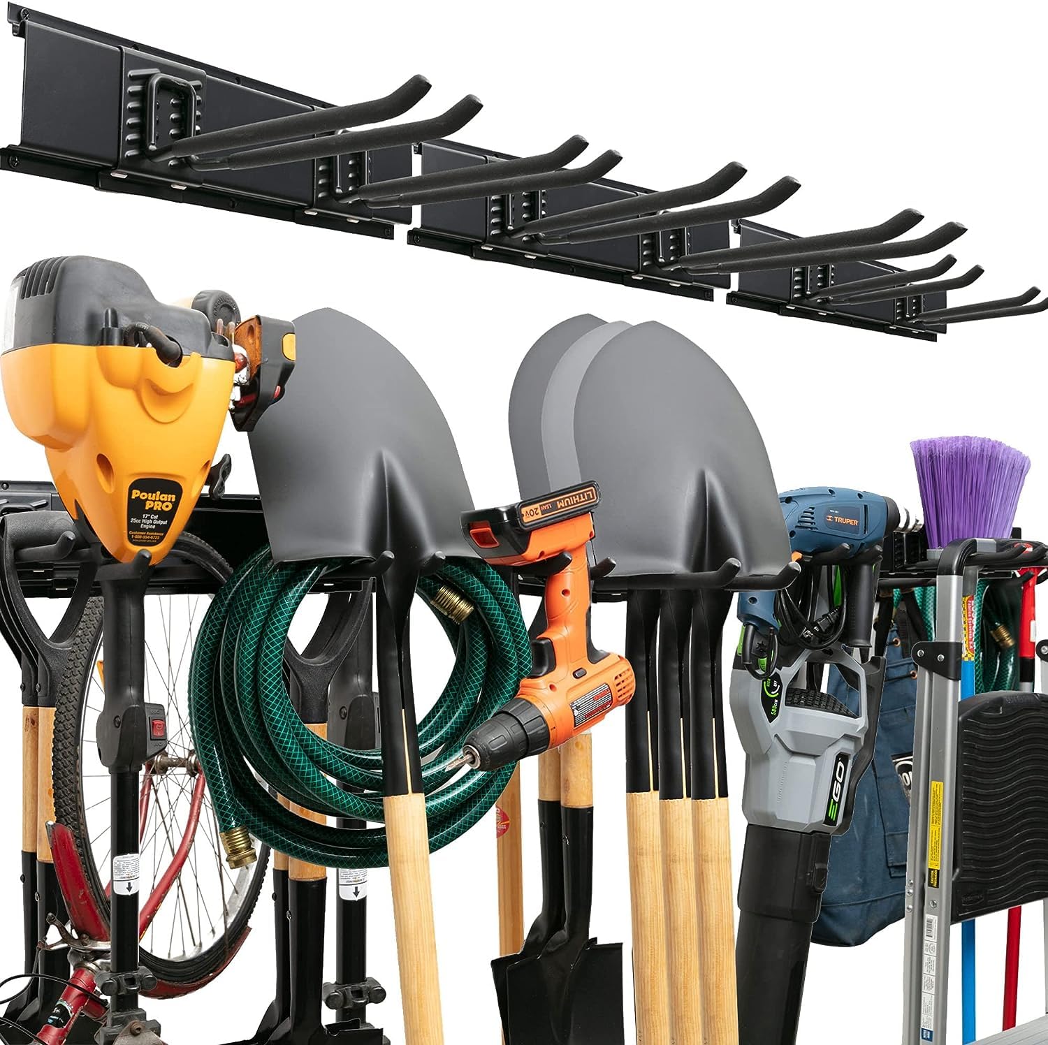 TIDYME Garage Tool Organizer Wall Mount - Sturdy Storage Rack with Adjustable Hooks, Anti-Rust Panel - Easy Installation, 300lbs Capacity - Garden Tool Organizer for Garage (03 Racks & 06 Hooks)