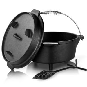 leonyo cast iron dutch oven with lid, 5qt dutch oven camping with lid lifter, 2 in 1 cast iron pot with lid handle, pre-seasoned dutch oven pot for camping bbq, bread baking