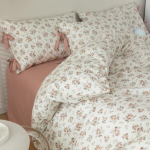 vm vougemarket pink flower duvet cover set twin 3 pieces girls cottagecore bedding set 100% cotton peach floral comforter cover with zipper closure,vintage country bedding-68x86 inch