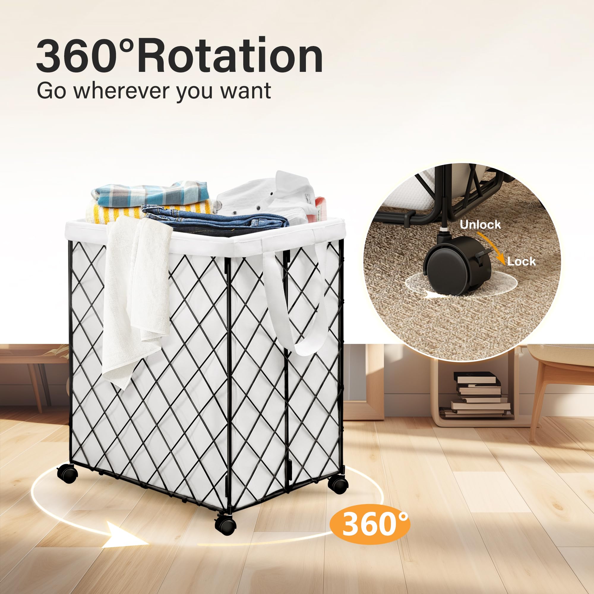 2 Wire Laundry Hamper on Wheels With Removable Liners,Rolling Large Collapsible Metal Laundry Basket,Sturdy Laundry Bag Heavy Duty Hamper,for Dirty Clothes Organization Closet Bathroom Living Room