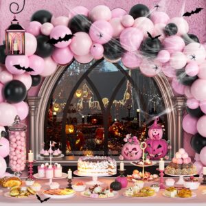 135 PCs Happy Boo Day Party Decorations, Fiesec Halloween Themed Pink and Black Birthday Party Decorations Backdrop Balloon Garland Spider Web Banner Tablecloth Cake Topper Little Ghost