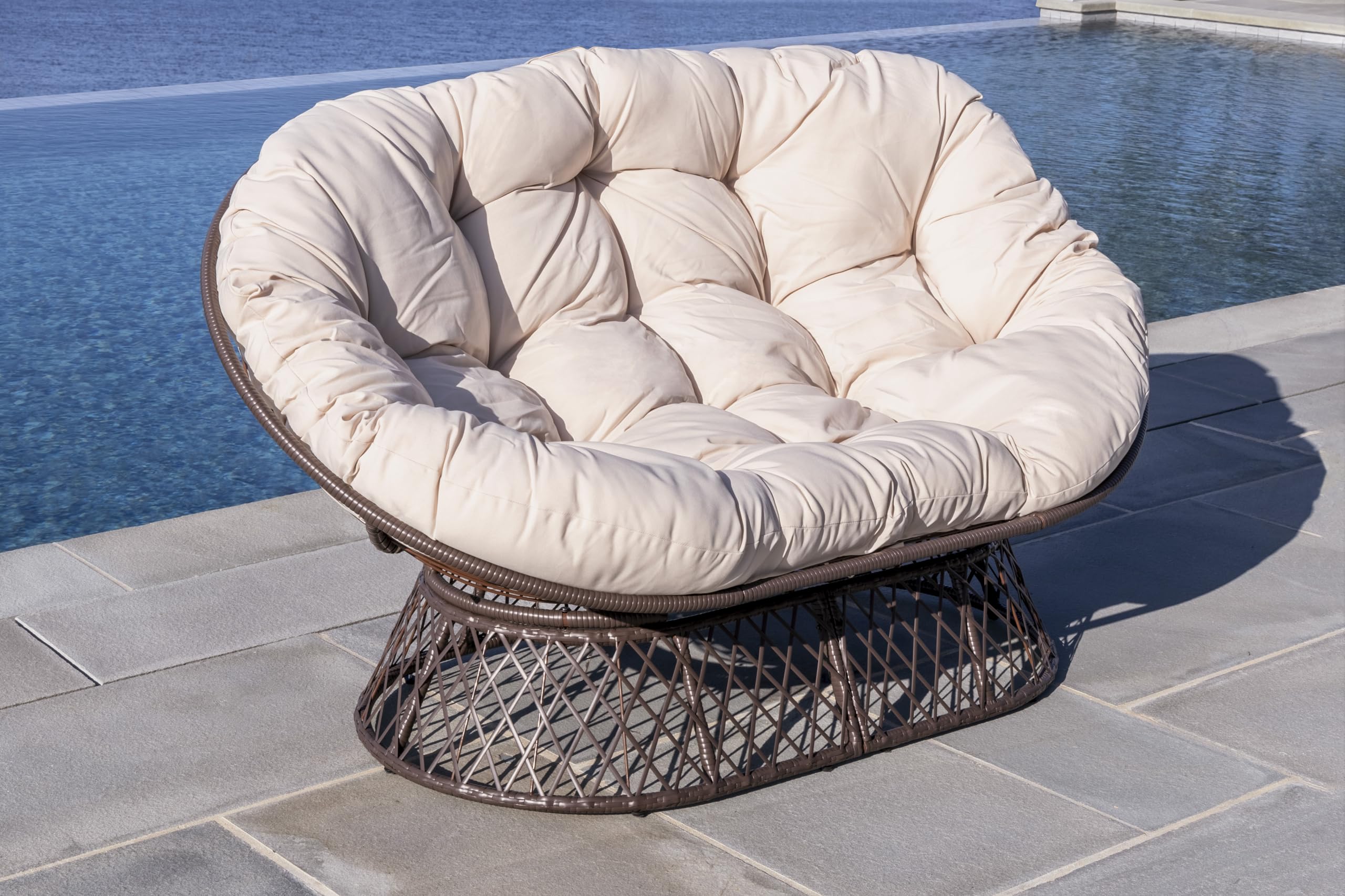 Milliard Double Papasan Chair Loveseat with Beige Cushion and Brown Frame for Indoor and Outdoor Use