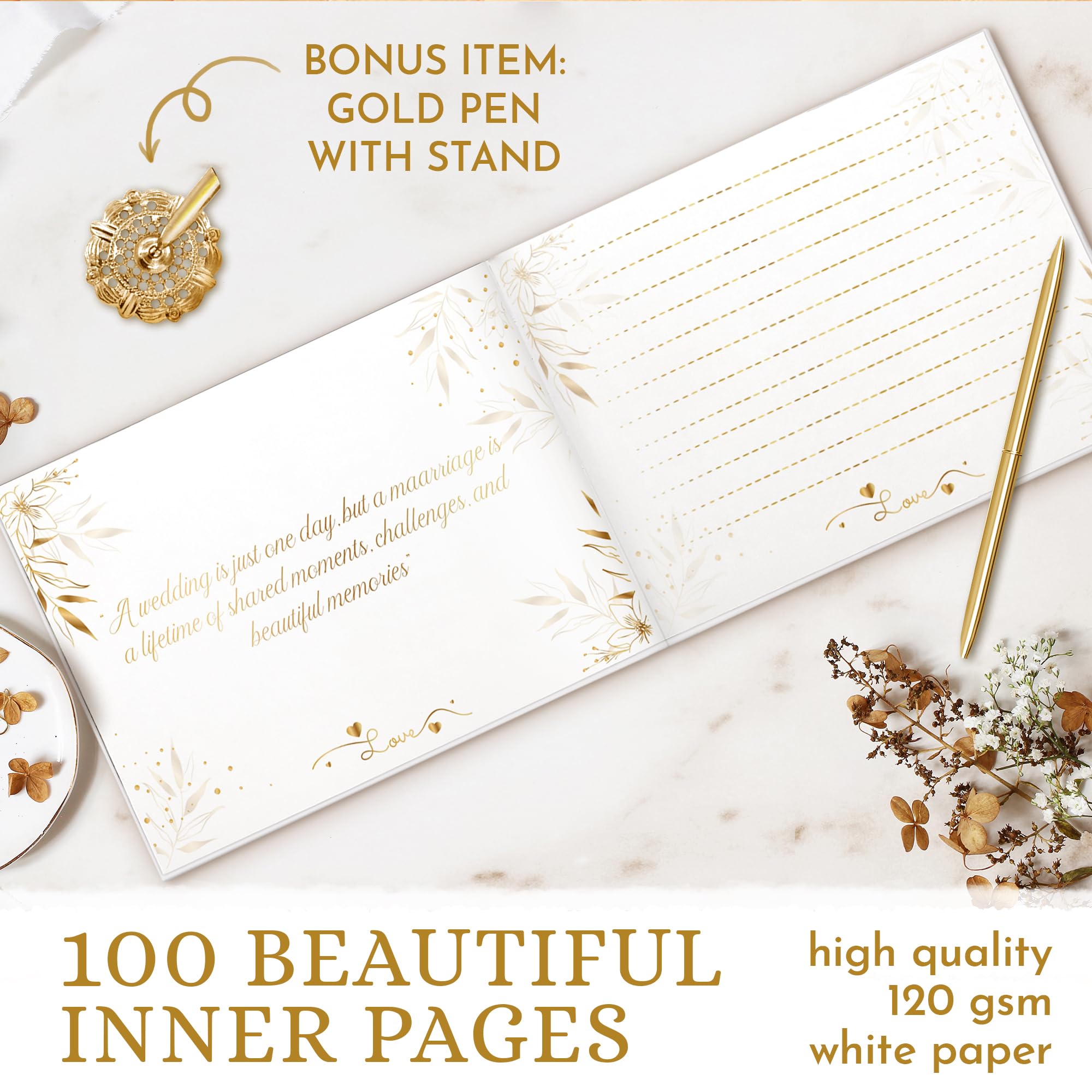 Wedding Guest Book and Elegant Guest Book Wedding Reception with Hardcover 8"x10", Guest Book for Wedding with Golden Pen with its Gold Metal Base, 100 Blank Pages for Wedding Guest Book Sign Include