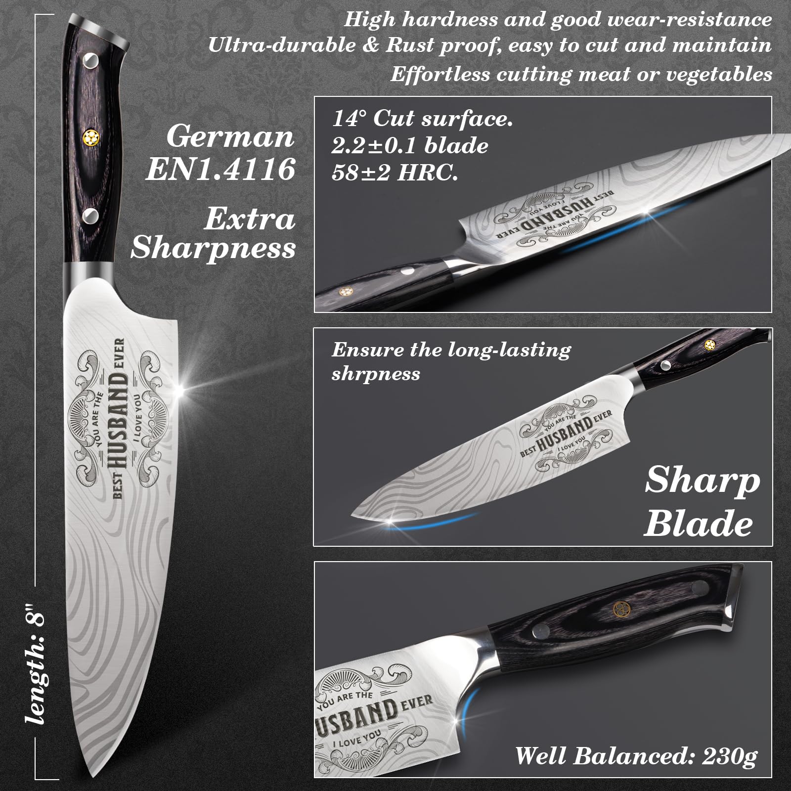 Funistree Anniversary Men Gifts for Him Husband, 8 inch Professional German 1.4116 Chef Knife, Engraved Best Husband Ever Knife Gift, Anniversary Birthday Gift for Men, Christmas Husband Gift