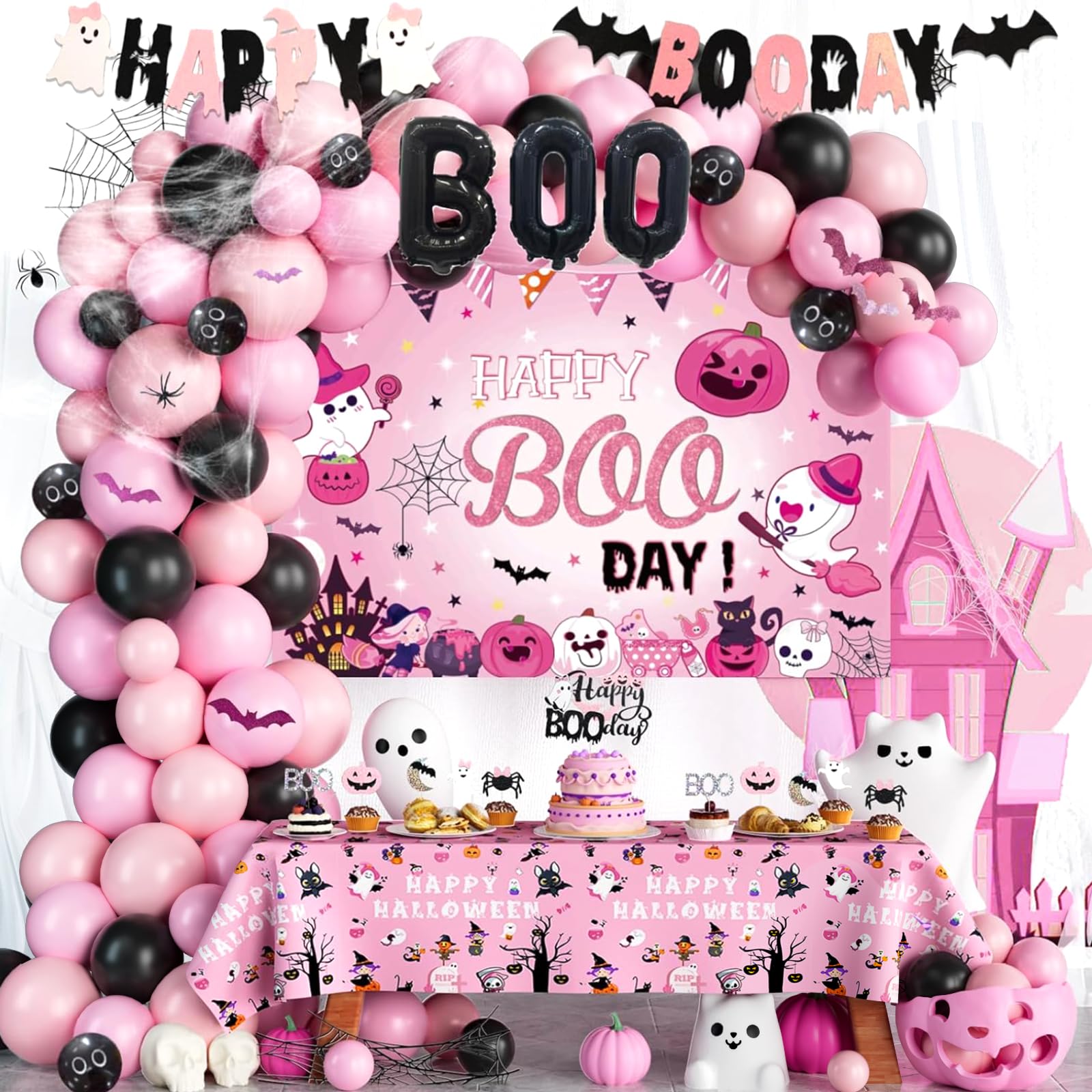 135 PCs Happy Boo Day Party Decorations, Fiesec Halloween Themed Pink and Black Birthday Party Decorations Backdrop Balloon Garland Spider Web Banner Tablecloth Cake Topper Little Ghost