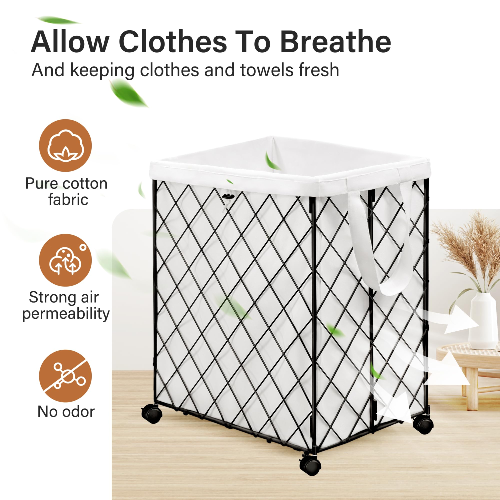 2 Wire Laundry Hamper on Wheels With Removable Liners,Rolling Large Collapsible Metal Laundry Basket,Sturdy Laundry Bag Heavy Duty Hamper,for Dirty Clothes Organization Closet Bathroom Living Room