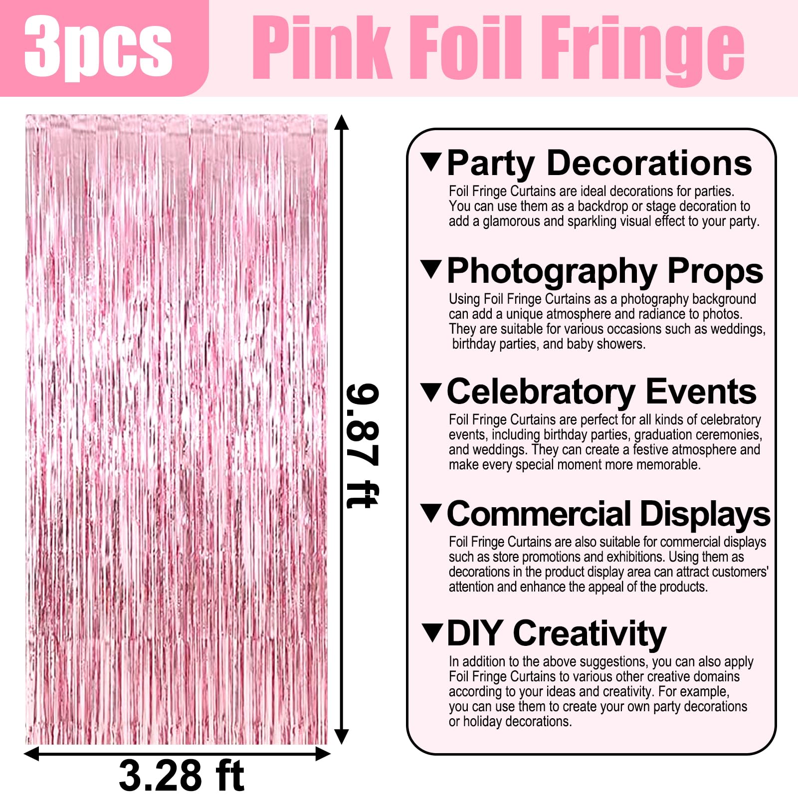 3 Pack Pink Foil Fringe Curtain Backdrop, 3.28Ft x 9.8Ft Metallic Tinsel Foil Fringe Streamer Curtains for Photo Booth, Christmas Day, Thanksgiving, Wedding, New Year Party Decorations