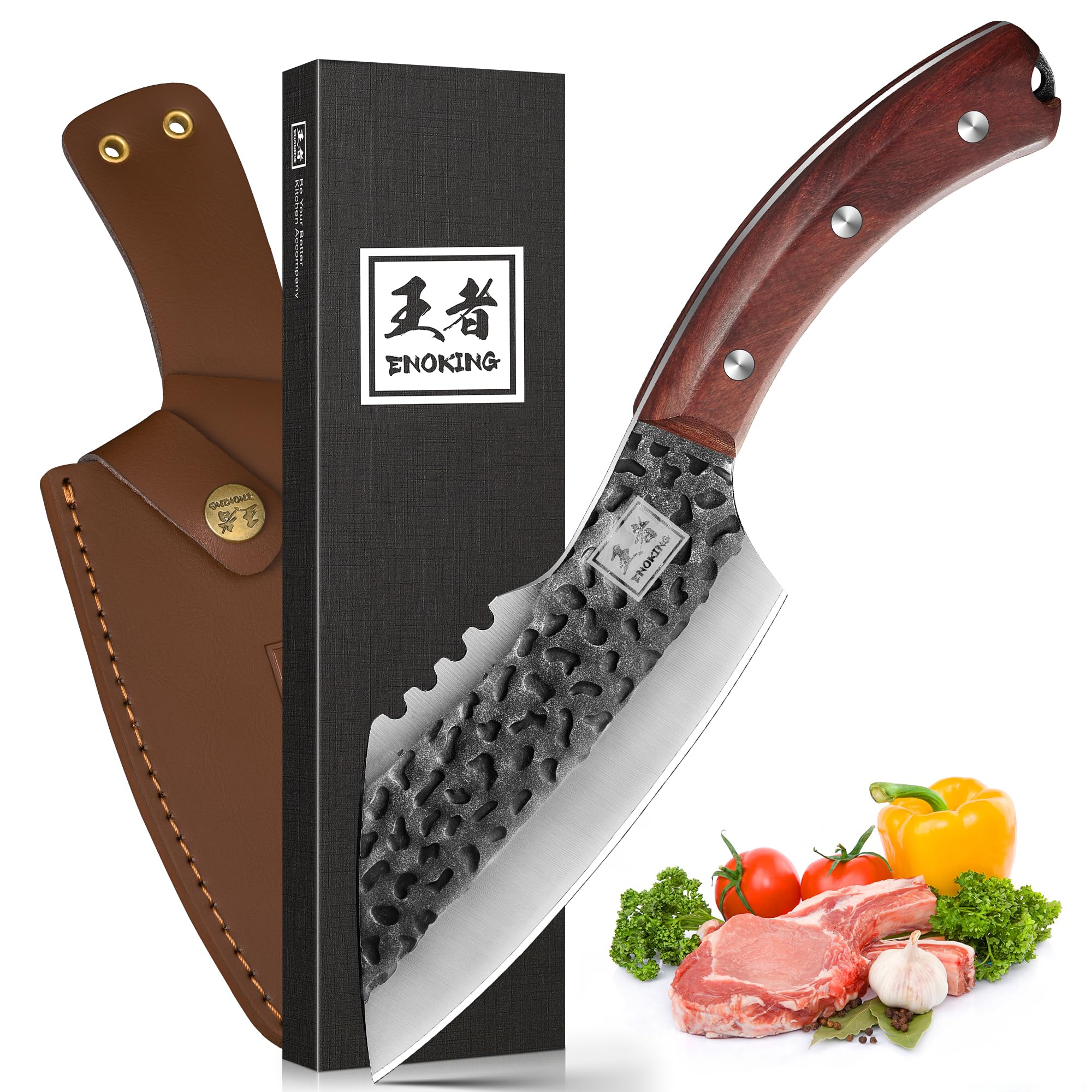 ENOKING Chef's Knife, 6.1" Viking Knife with Sheath Meat Cleaver Knife for Fish Meat Cutting, Full Tang Butcher Knife Janpanese Cooking Knives for Kitchen Camping Outdoor