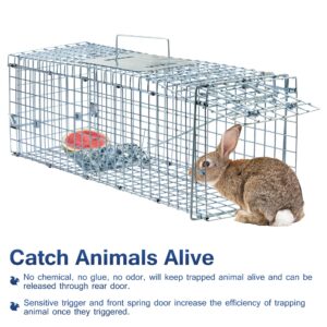 Humane Rat Trap Cage Live Rat Traps Humane Cat Traps Catch Release Live Animal Rodent Cage Collapsible Galvanized Wire for Rabbit Small Groundhogs Squirrel Mole Gopher Mice Chipmunk-24X8X7.2In