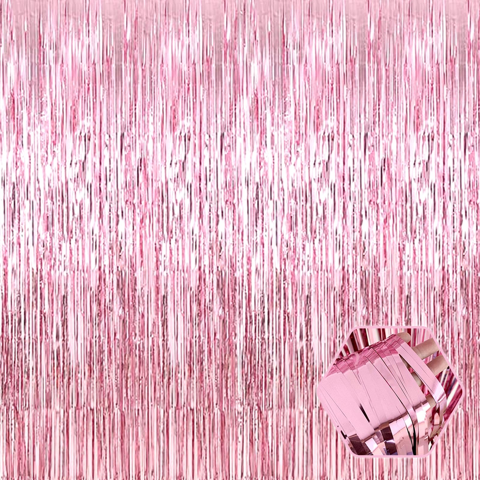 3 Pack Pink Foil Fringe Curtain Backdrop, 3.28Ft x 9.8Ft Metallic Tinsel Foil Fringe Streamer Curtains for Photo Booth, Christmas Day, Thanksgiving, Wedding, New Year Party Decorations