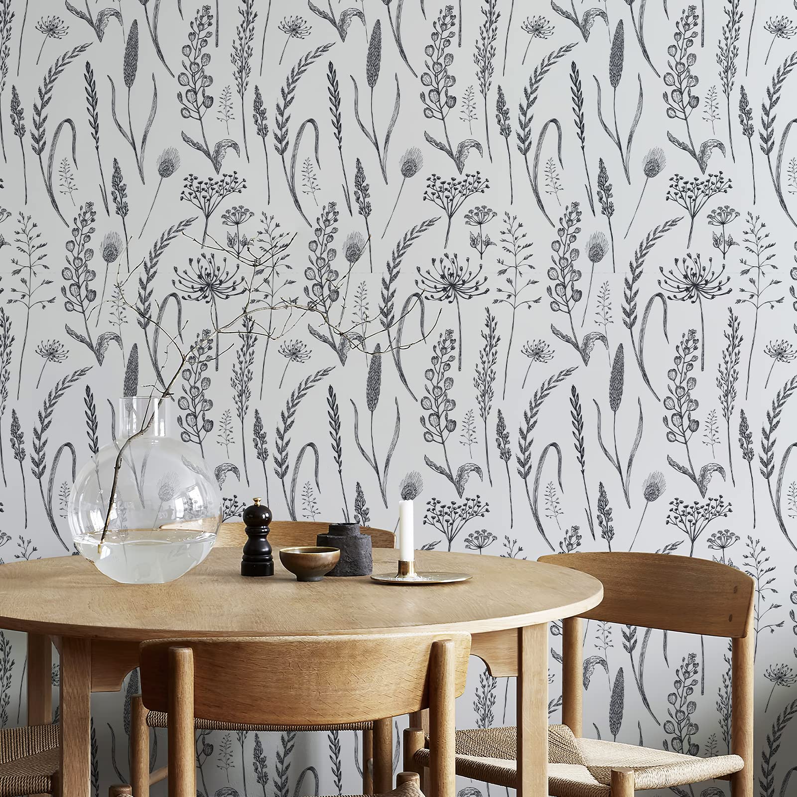 JiffDiff Peel and Stick Wallpaper Black and White Floral Wallpaper Farmhouse Wildwood Wheat Meadow Removable Wallpaper for Bedroom Modern Wallpaper Renter Friendly 118"X17.3"