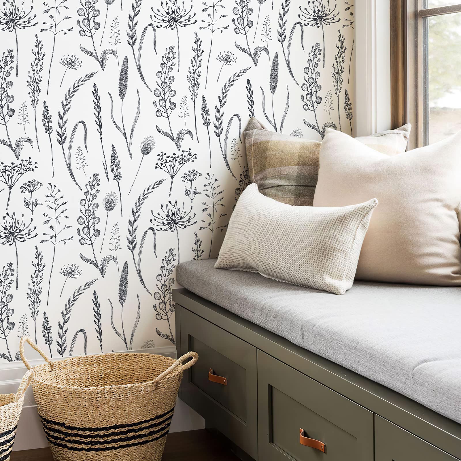 JiffDiff Peel and Stick Wallpaper Black and White Floral Wallpaper Farmhouse Wildwood Wheat Meadow Removable Wallpaper for Bedroom Modern Wallpaper Renter Friendly 118"X17.3"