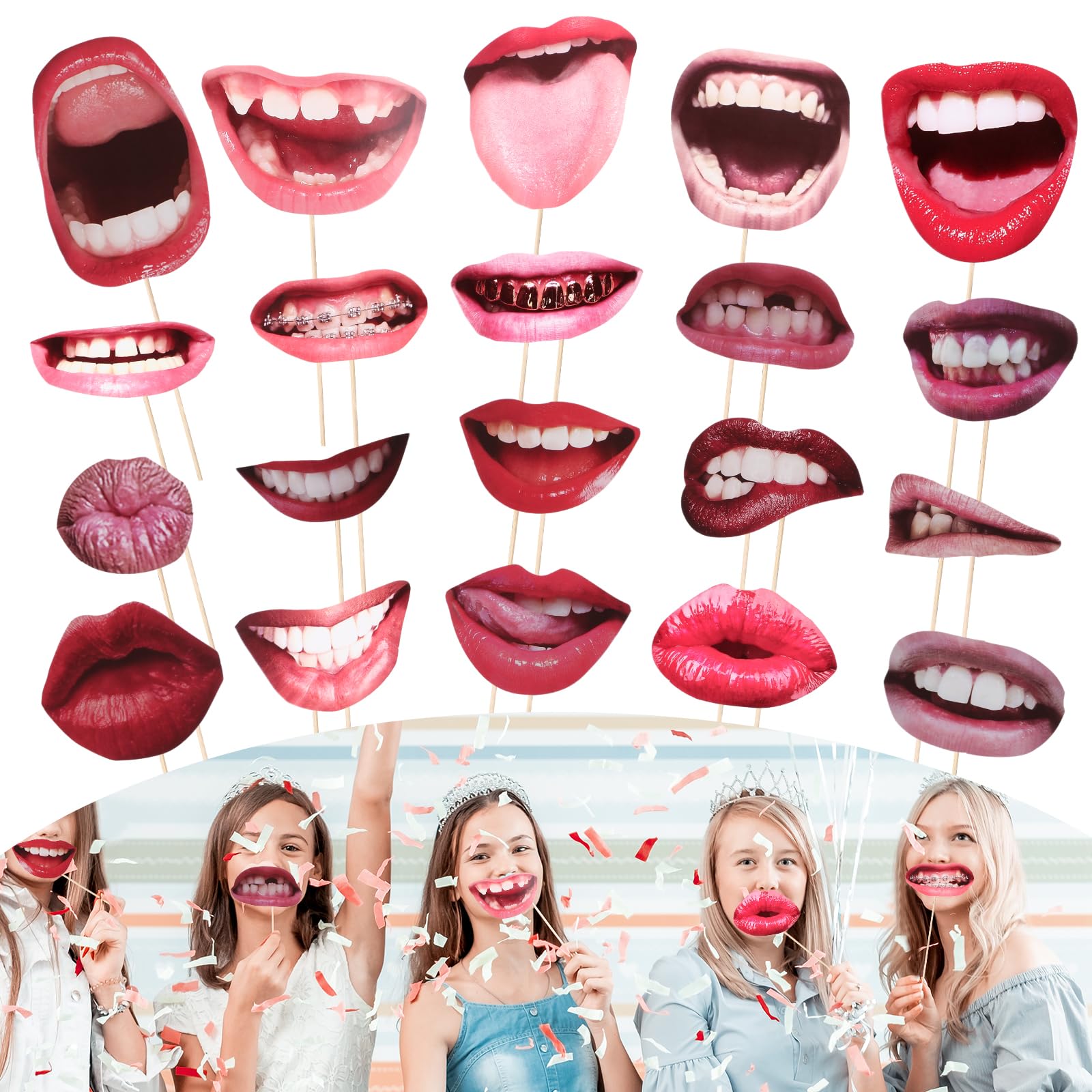 cobee Party Photo Booth Props, 20pcs Funny Mouth Lips Photo Booth Prop with Wood Stick Novelty Selfie Handheld Props for Carnival, Wedding, Birthday, Graduation, Party, Halloween Accessories(Style A)