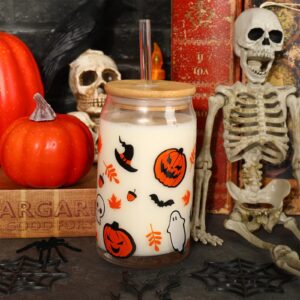 Whaline 2 Pack Halloween Glasses Cups Cute Pumpkin Ghost Bat Drinking Glasses 16oz Halloween Ice Coffee Cup with Bamboo Lid and Straw Beer Glass Can for Cocktail Whiskey Beer Soda Decor Gifts