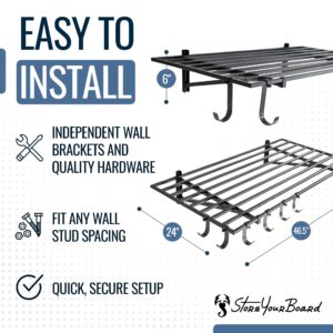 StoreYourBoard 2 Pack Heavy Duty Garage Wall Shelves, 2' x 4' Wall Mount Storage Shelf with Hooks, Holds 200 lbs Each