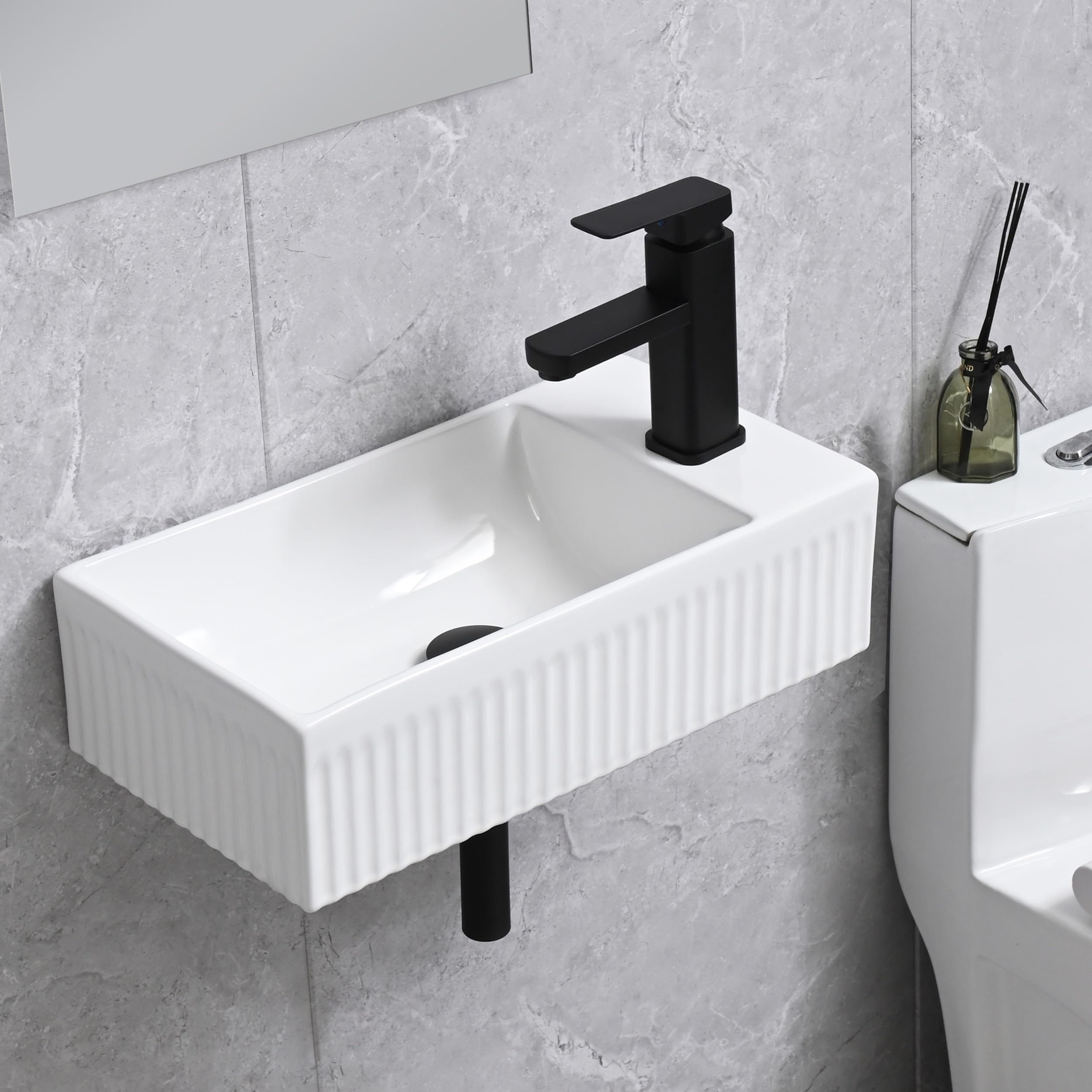 Hiomiestiy Bathroom Vessel Sink Wall Mount Sink White Wall Mounted Rectangular Bathroom Sink with Faucet and Drain White Porcelain Ceramic Washing Small Bathroom Vanity Sink