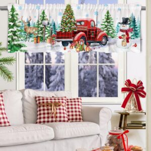 Christmas Kitchen Curtains, Christmas Decor for Home Snowman Valances for Windows, Red Truck Kitchen Curtains and Valances Set Christmas Decorations for Home, 27''x24'' 2 Panel & 54x18 Inch