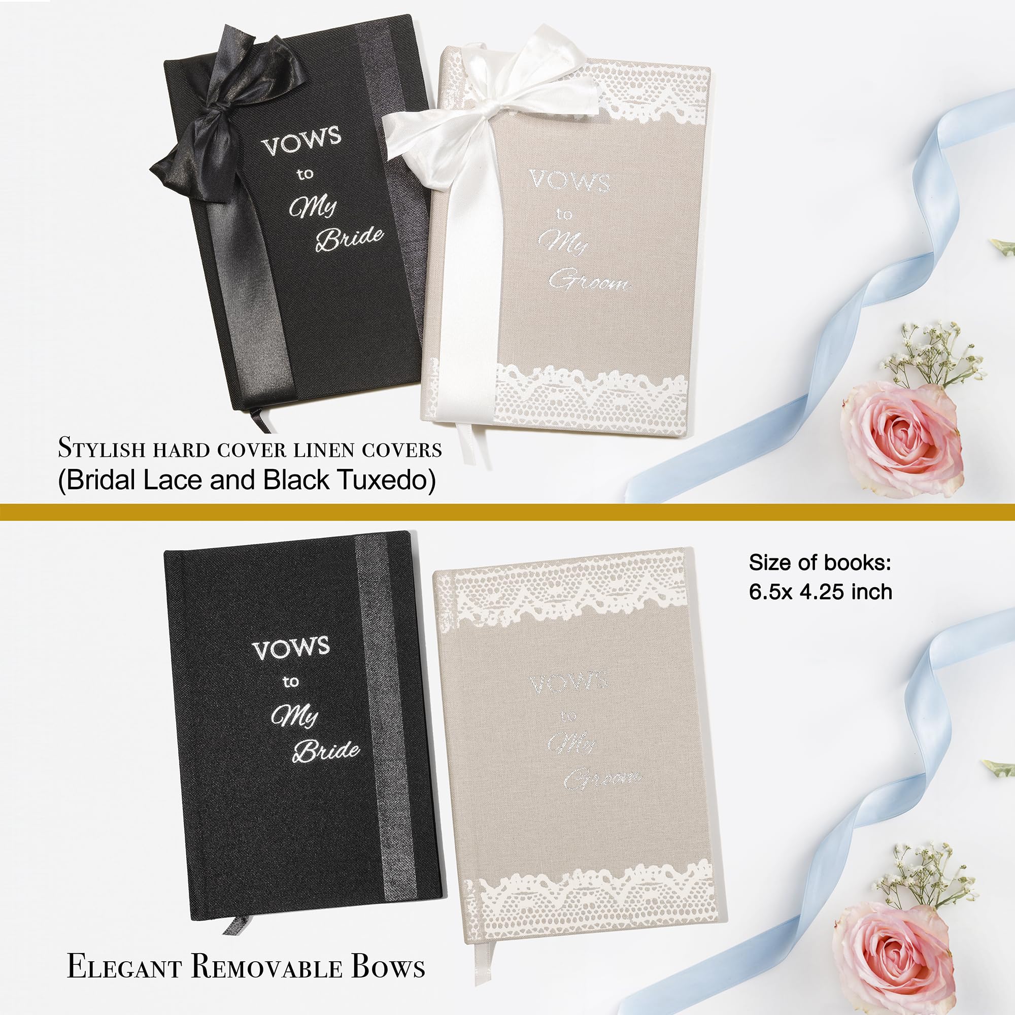 Elegant His and Hers Vow Books Set - Vows Book His and Hers w/ Keepsake Box, Ring Bags, Bride & Groom Cards, Writing Template - Linen Covered Vow Books for Wedding - Heartfelt Wedding Vow Keepsake