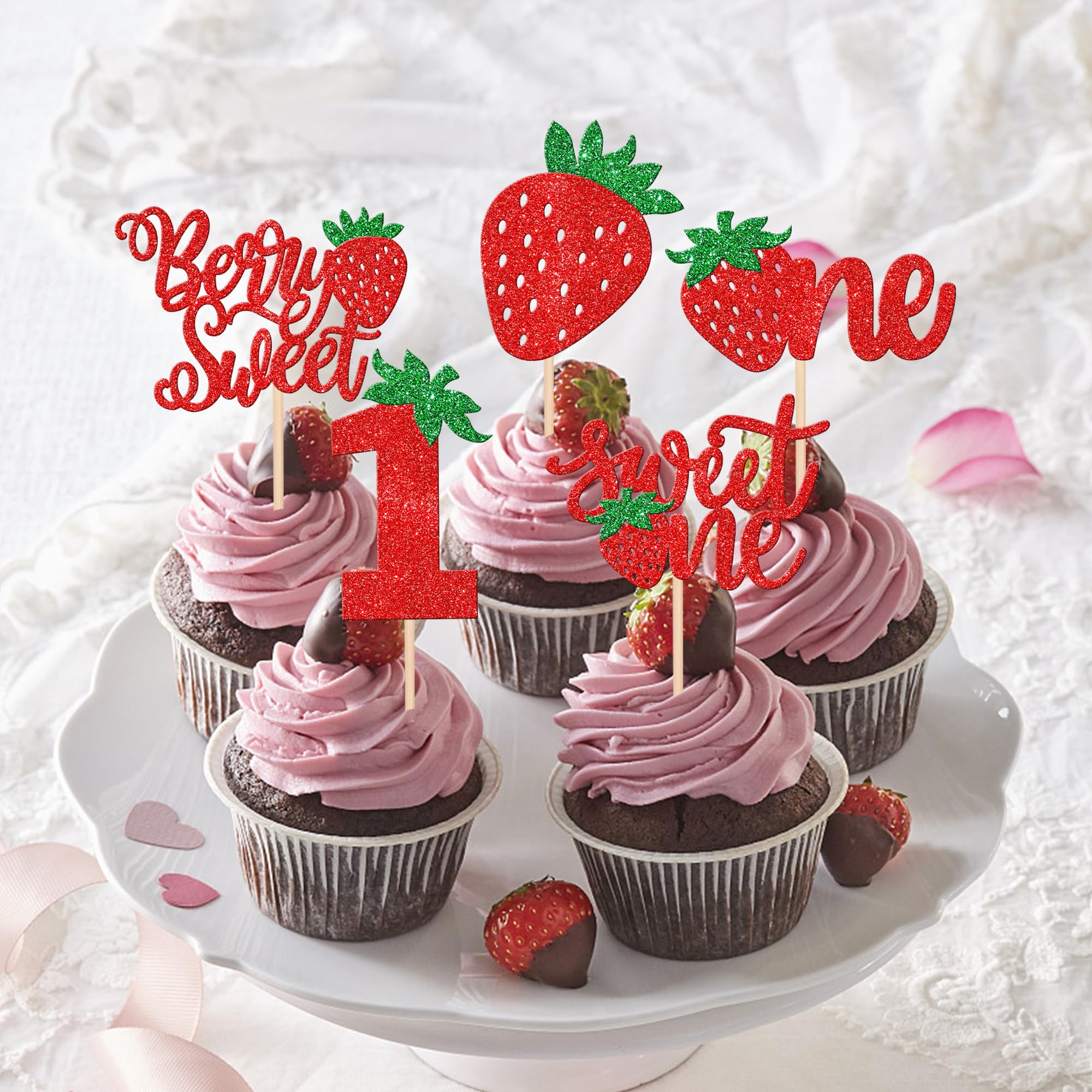 30 PCS Strawberry Sweet One Cupcake Toppers Glitter Berry Sweet 1st Birthday Strawberry Cupcake Picks for Fruit Theme Baby Shower Kids First Birthday Party Cake Decorations Supplies Red