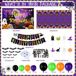 Fiesec Halloween Birthday Party Decorations, Halloween Themed Birthday Party Decorations Backdrop Happy Birthday Banner Balloon Garland Tablecloth Cake Topper Spider Ghost Purple Black Orange