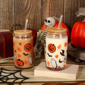 Whaline 2 Pack Halloween Glasses Cups Cute Pumpkin Ghost Bat Drinking Glasses 16oz Halloween Ice Coffee Cup with Bamboo Lid and Straw Beer Glass Can for Cocktail Whiskey Beer Soda Decor Gifts