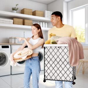 2 Wire Laundry Hamper on Wheels With Removable Liners,Rolling Large Collapsible Metal Laundry Basket,Sturdy Laundry Bag Heavy Duty Hamper,for Dirty Clothes Organization Closet Bathroom Living Room