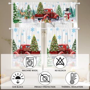 Christmas Kitchen Curtains, Christmas Decor for Home Snowman Valances for Windows, Red Truck Kitchen Curtains and Valances Set Christmas Decorations for Home, 27''x24'' 2 Panel & 54x18 Inch