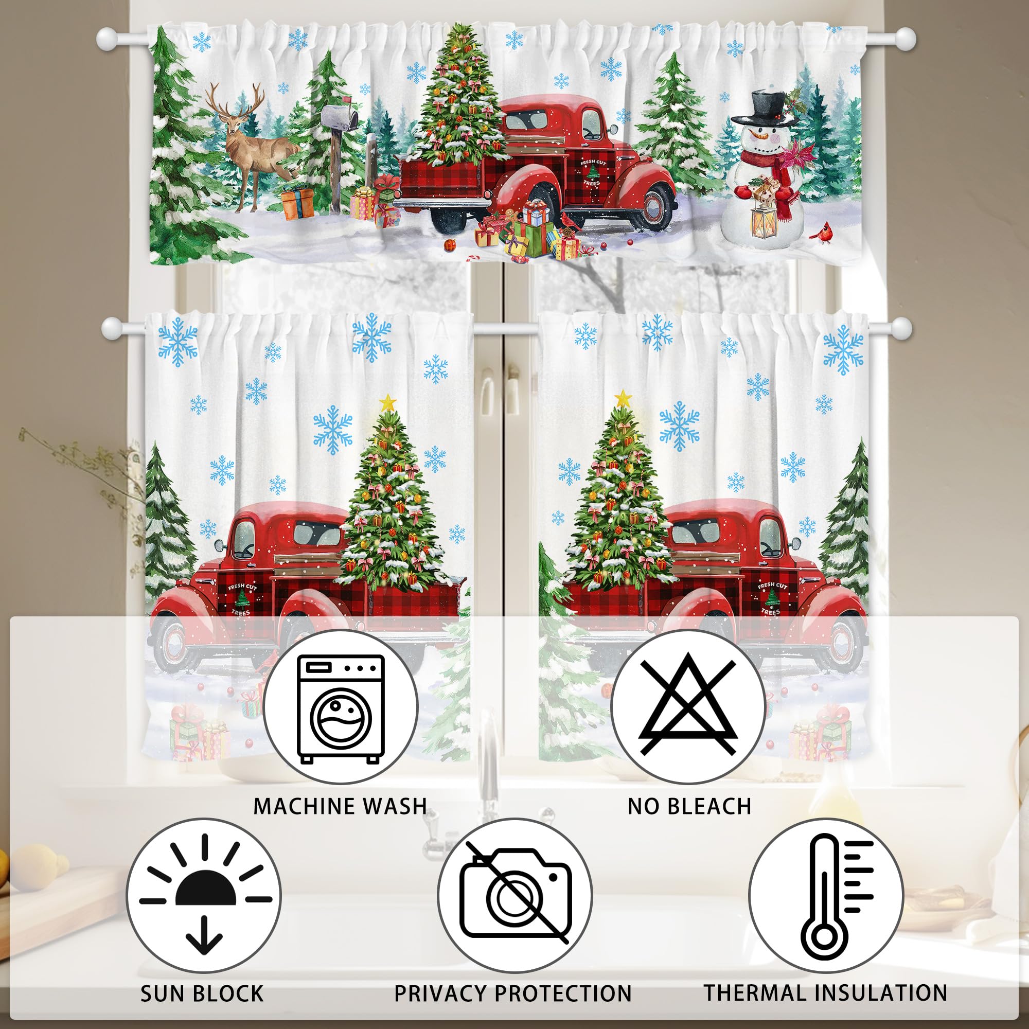 Christmas Kitchen Curtains, Christmas Decor for Home Snowman Valances for Windows, Red Truck Kitchen Curtains and Valances Set Christmas Decorations for Home, 27''x24'' 2 Panel & 54x18 Inch