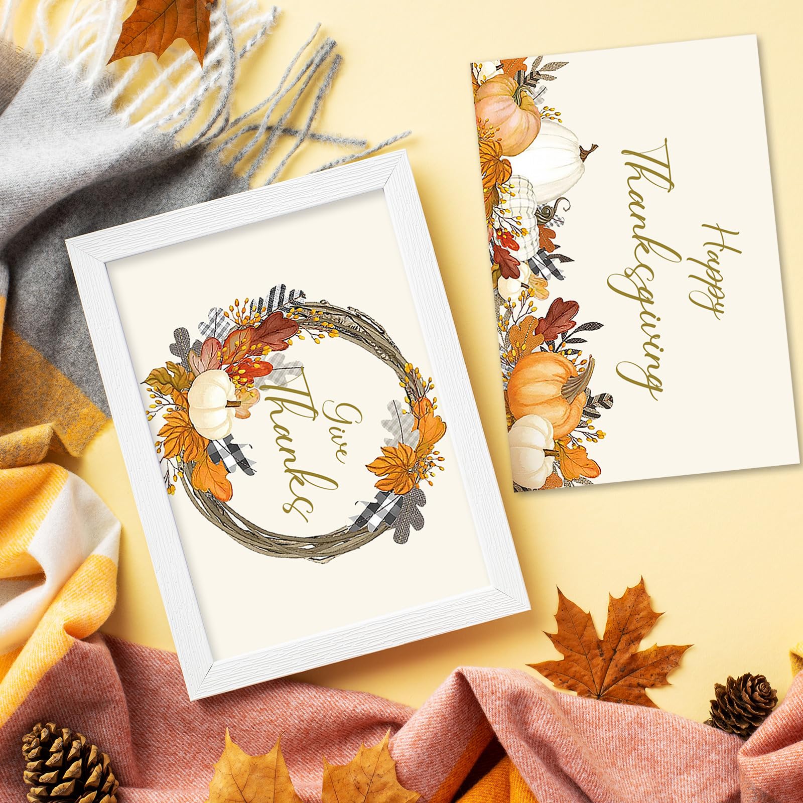 AnyDesign 36 Pack Fall Thanksgiving Greeting Cards Set Black and White Plaid Note Cards with Envelope and Sticker Pumpkin Maple leaves Blank Thank You Cards for Autumn Wedding Bridal Shower Birthday