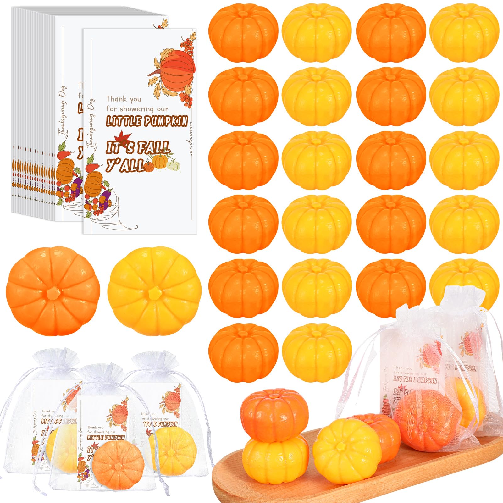 Liliful 50 Sets Mini Pumpkin Baby Shower Favors Included Pumpkin Soap Thanks Cards Drawstring Gift Bags for Fall Bridal Shower Wedding Autumn Thanksgiving Day Party Decorations Gifts(Orange)