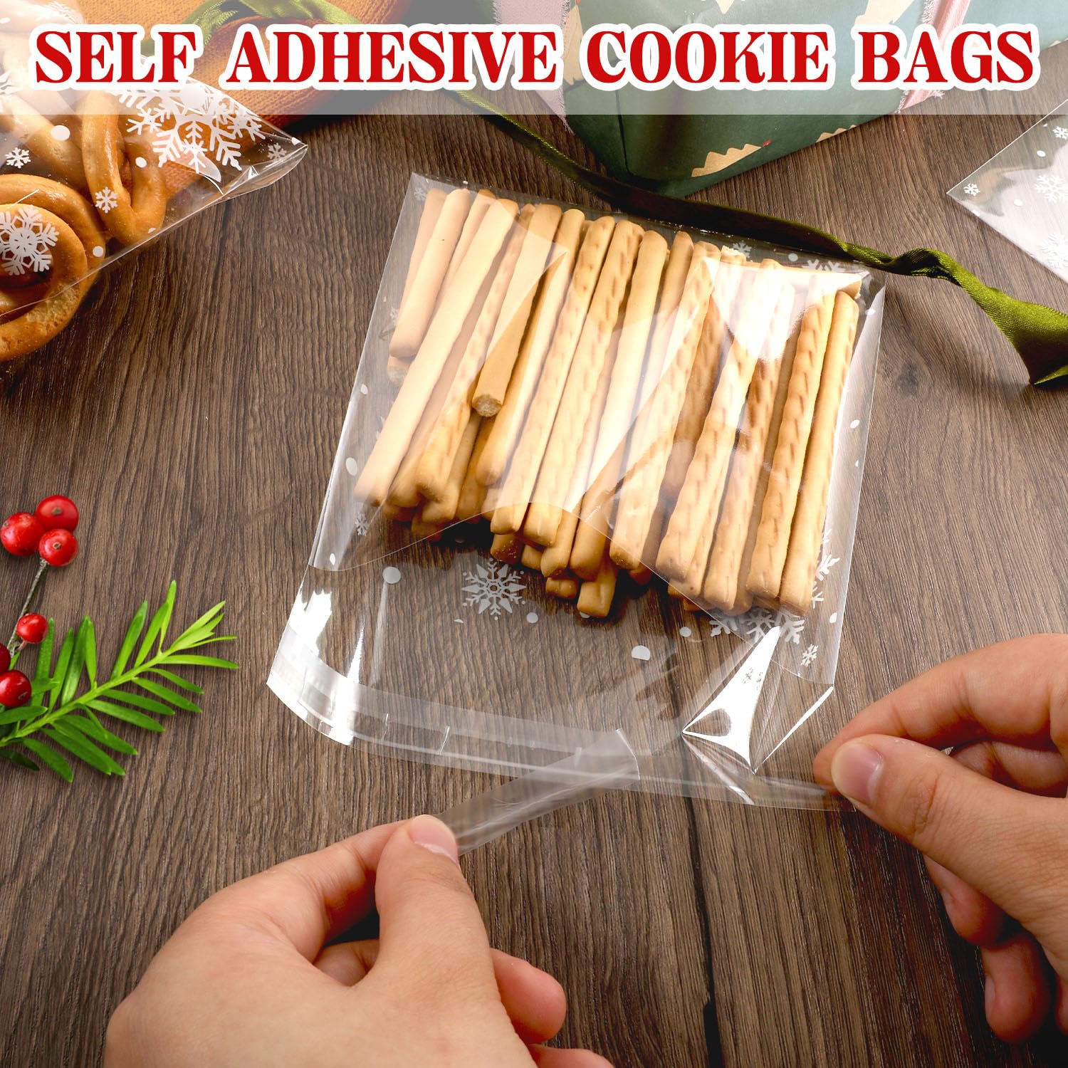 Christmas Cookie Bags 200pcs Snowflake Cellophane Treat Bags 5.5x5.5 Self Adhesive Cookie Bags for Gift Giving Packaging Candy Goodie Holiday Homemade Bakery