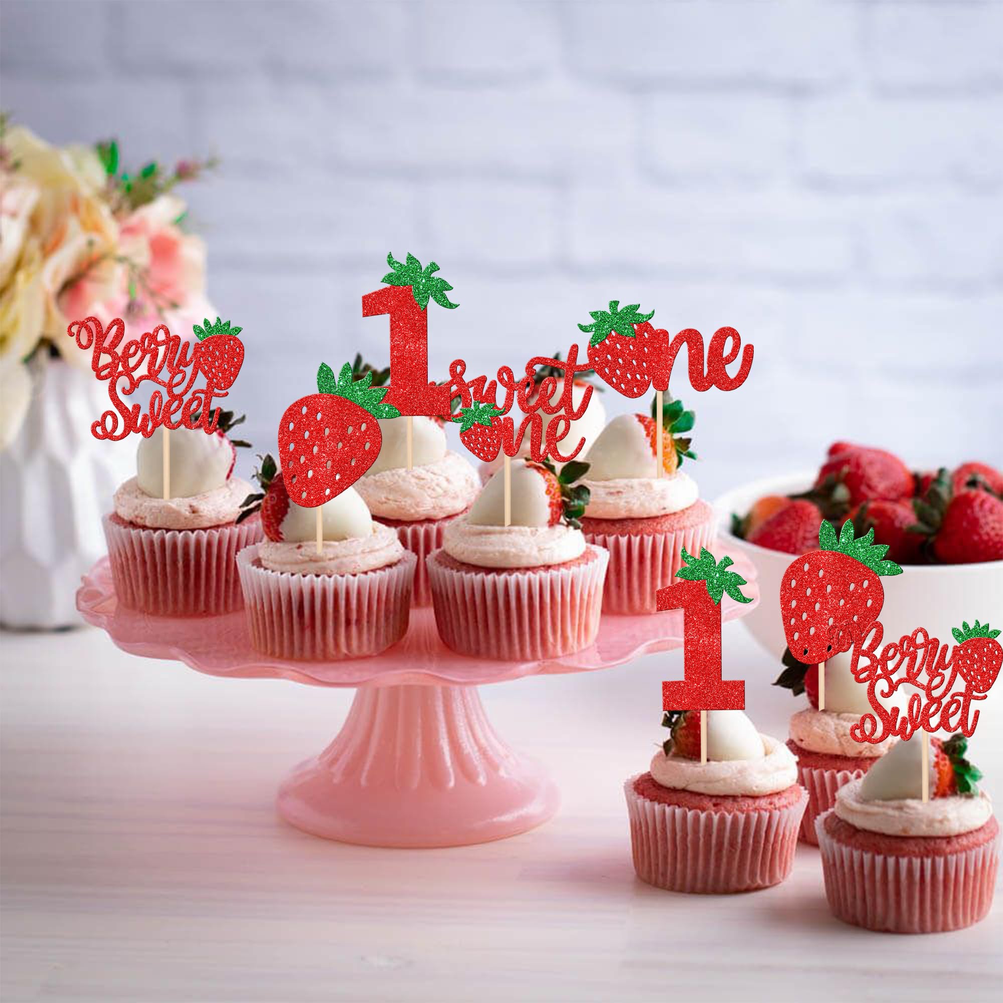 30 PCS Strawberry Sweet One Cupcake Toppers Glitter Berry Sweet 1st Birthday Strawberry Cupcake Picks for Fruit Theme Baby Shower Kids First Birthday Party Cake Decorations Supplies Red