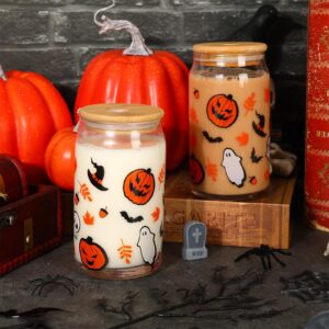 Whaline 2 Pack Halloween Glasses Cups Cute Pumpkin Ghost Bat Drinking Glasses 16oz Halloween Ice Coffee Cup with Bamboo Lid and Straw Beer Glass Can for Cocktail Whiskey Beer Soda Decor Gifts