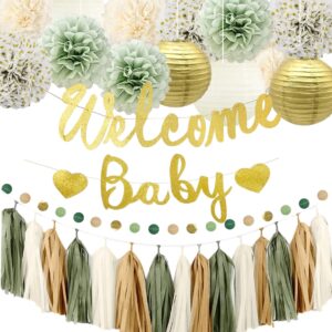 Kiwayo Baby Shower Decorations Sage Green- Welcome Baby Banner with Tissue Pom Poms, Tassel Garland, Paper Lanterns, Circle Dot Garland- Baby Gender Reveal Birthday Party Decorations