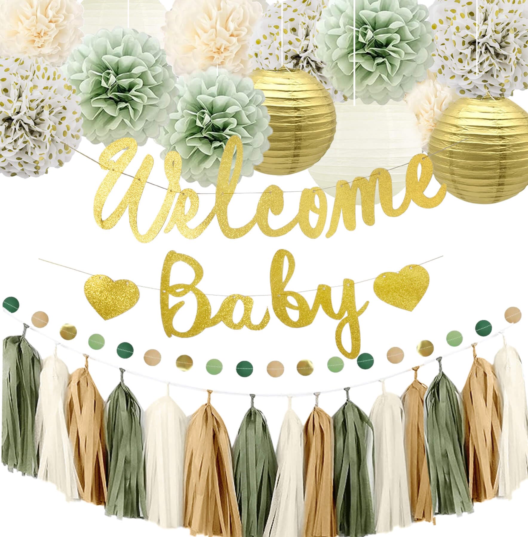 Kiwayo Baby Shower Decorations Sage Green- Welcome Baby Banner with Tissue Pom Poms, Tassel Garland, Paper Lanterns, Circle Dot Garland- Baby Gender Reveal Birthday Party Decorations